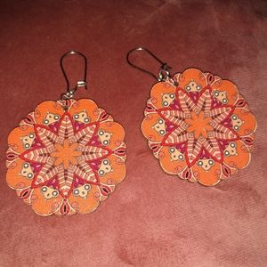 Mandala Earrings Orange Wood Flower Octagon Floral Handmade Boho Stainless Steel